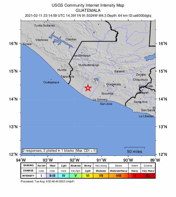 USGS DYFI community-reported intensity map for the M4.3 earthquake near 9 km SSW of Santo Domingo Suchitepéquez, Guatemala