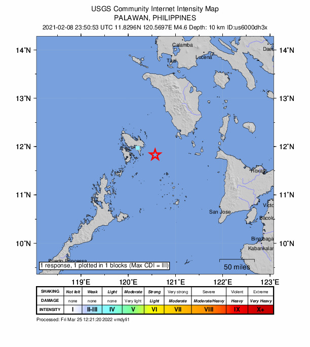 USGS DYFI community-reported intensity map for the M4.6 earthquake near 43 km ESE of Coron, Philippines