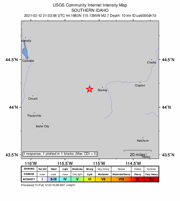 USGS DYFI community-reported intensity map for the M2.7 earthquake near 16 km WSW of Stanley, Idaho