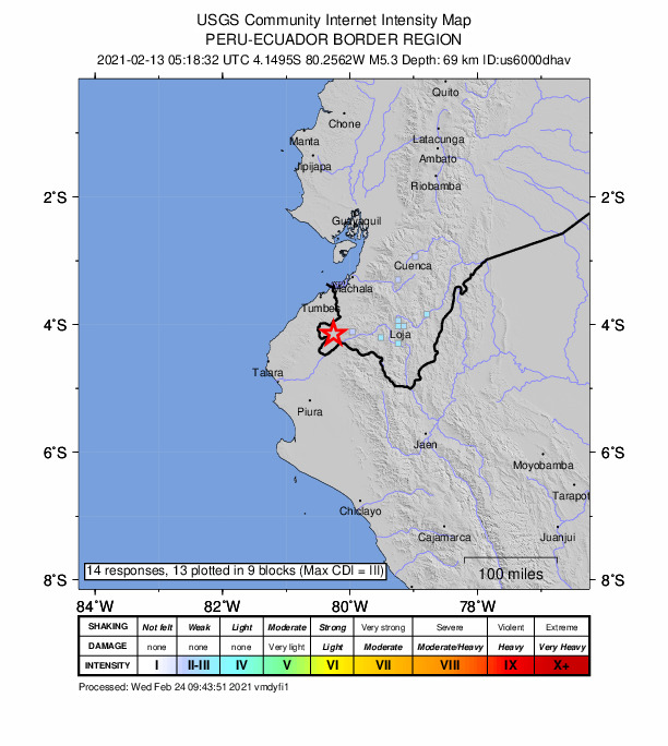 USGS DYFI community-reported intensity map for the M5.3 earthquake near 33 km W of Celica, Ecuador