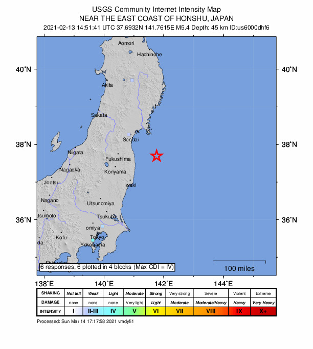 USGS DYFI community-reported intensity map for the M5.4 earthquake near 71 km ENE of Namie, Japan