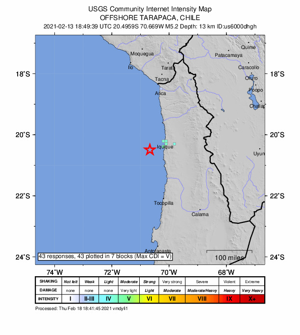 USGS DYFI community-reported intensity map for the M5.0 earthquake near 55 km WSW of Iquique, Chile