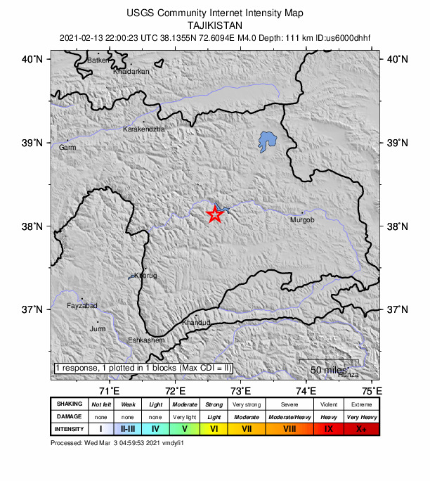 USGS DYFI community-reported intensity map for the M4.0 earthquake near 117 km NE of Khorugh, Tajikistan