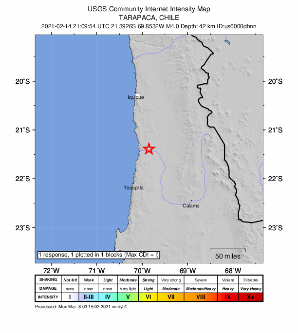 USGS DYFI community-reported intensity map for the M4.0 earthquake near 85 km NNE of Tocopilla, Chile