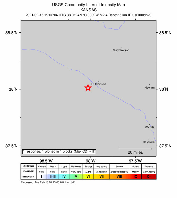 USGS DYFI community-reported intensity map for the M2.4 earthquake near 7 km NE of Partridge, Kansas