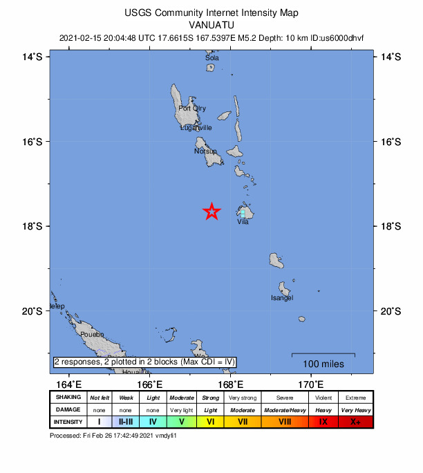 USGS DYFI community-reported intensity map for the M5.2 earthquake near 82 km W of Port-Vila, Vanuatu