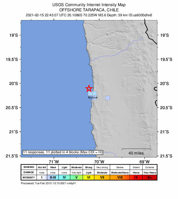 USGS DYFI community-reported intensity map for the M3.6 earthquake near Near the coast of Tarapaca, Chile