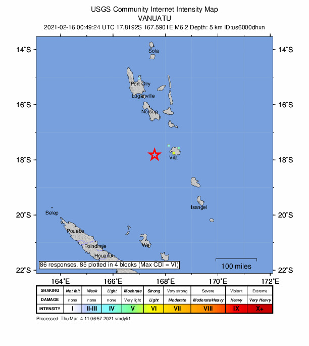 USGS DYFI community-reported intensity map for the M6.2 earthquake near 82 km W of Port-Vila, Vanuatu