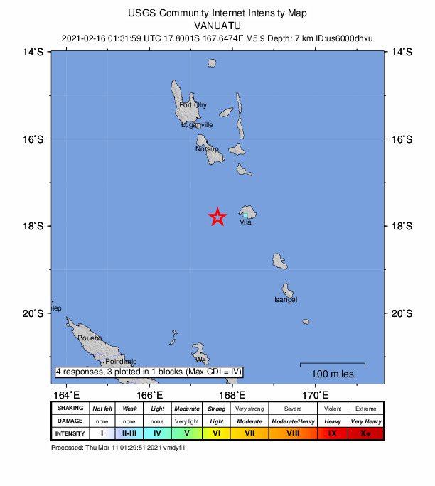 USGS DYFI community-reported intensity map for the M5.9 earthquake near 71 km W of Port-Vila, Vanuatu