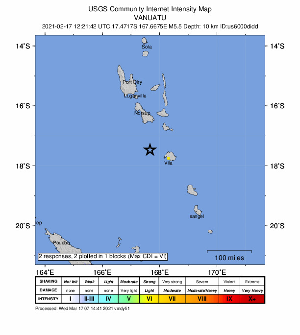 USGS DYFI community-reported intensity map for the M5.5 earthquake near 74 km WNW of Port-Vila, Vanuatu
