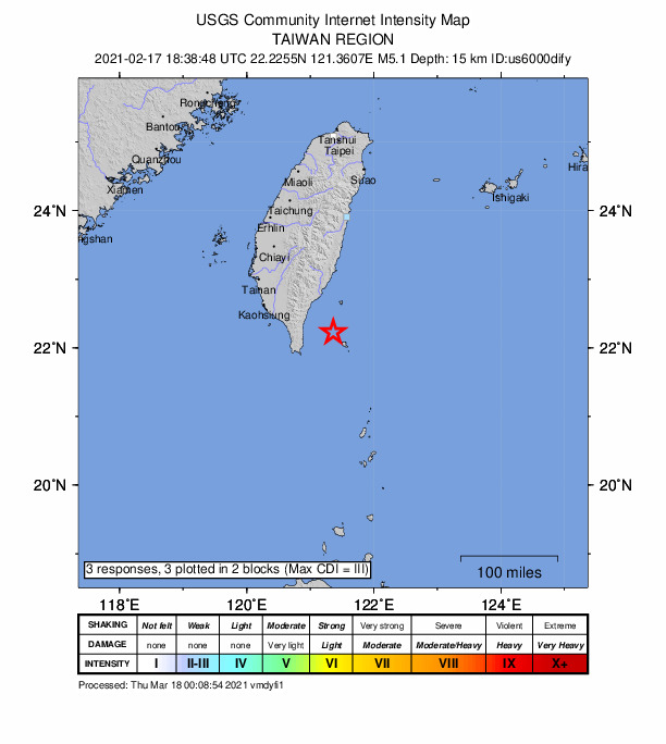 USGS DYFI community-reported intensity map for the M5.1 earthquake near 68 km ENE of Hengchun, Taiwan