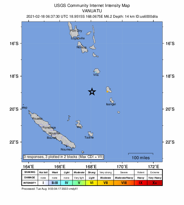 USGS DYFI community-reported intensity map for the M6.2 earthquake near 136 km S of Port-Vila, Vanuatu