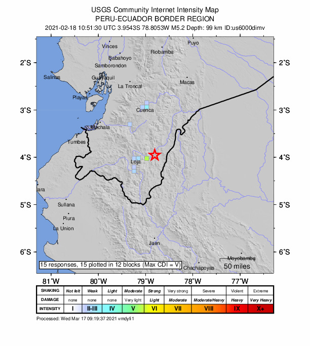 USGS DYFI community-reported intensity map for the M5.2 earthquake near 14 km SSW of Yantzaza, Ecuador