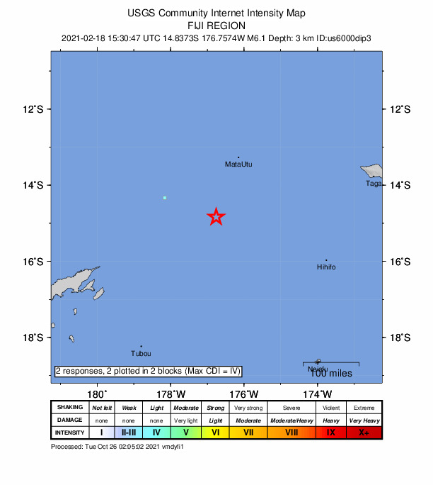 USGS DYFI community-reported intensity map for the M6.1 earthquake near 157 km ESE of Alo, Wallis and Futuna