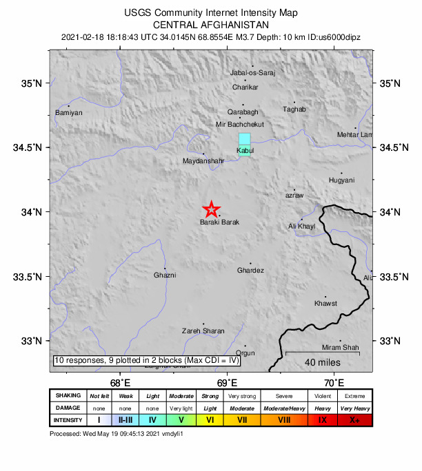 USGS DYFI community-reported intensity map for the M3.7 earthquake near 10 km WNW of Baraki Barak, Afghanistan