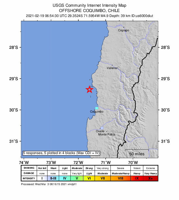 USGS DYFI community-reported intensity map for the M4.9 earthquake near 69 km NNW of La Serena, Chile