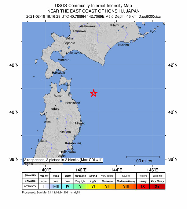 USGS DYFI community-reported intensity map for the M5.0 earthquake near 105 km ENE of Hachinohe, Japan