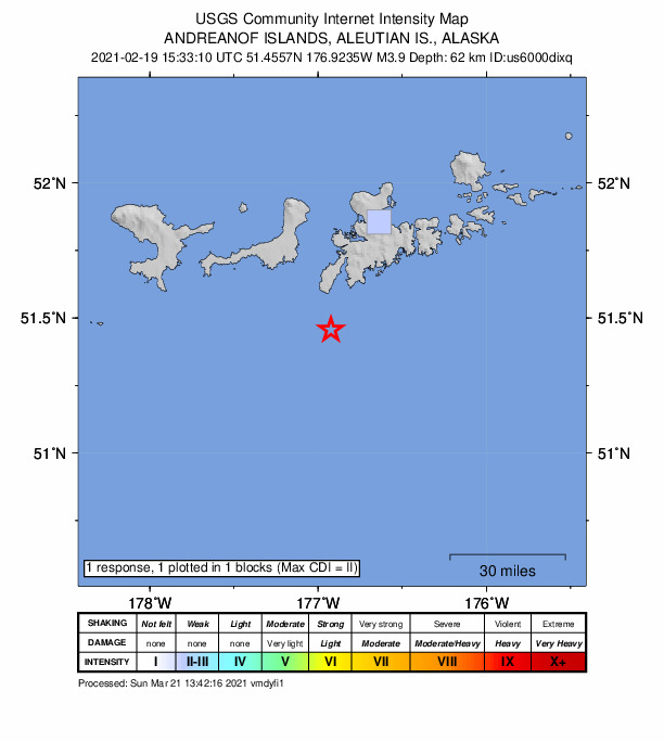 USGS DYFI community-reported intensity map for the M4.1 earthquake near 71 km SSW of Adak, Alaska