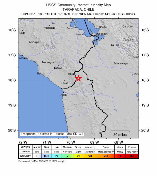 USGS DYFI community-reported intensity map for the M4.1 earthquake near 34 km ESE of Palca, Peru