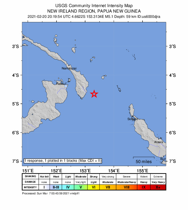 USGS DYFI community-reported intensity map for the M5.1 earthquake near 121 km ESE of Kokopo, Papua New Guinea