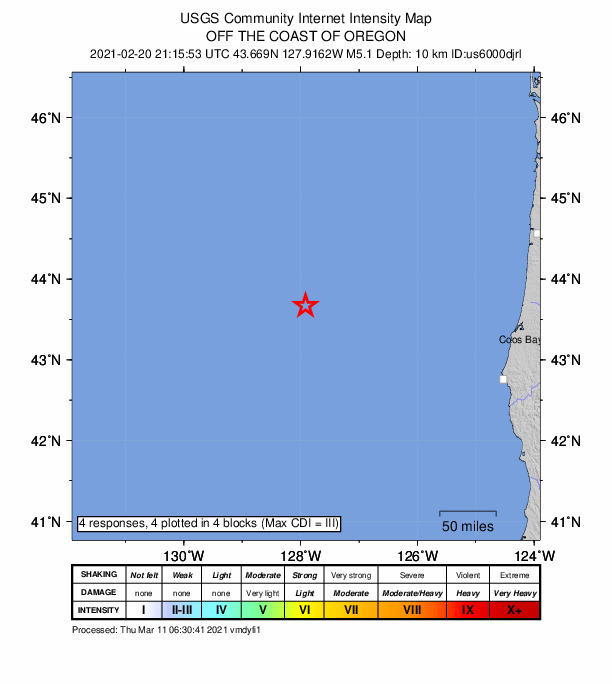 USGS DYFI community-reported intensity map for the M5.1 earthquake near 290 km W of Bandon, Oregon