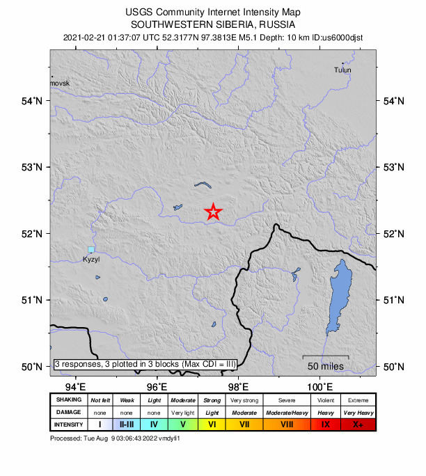 USGS DYFI community-reported intensity map for the M5.1 earthquake near 87 km ESE of Toora-Khem, Russia