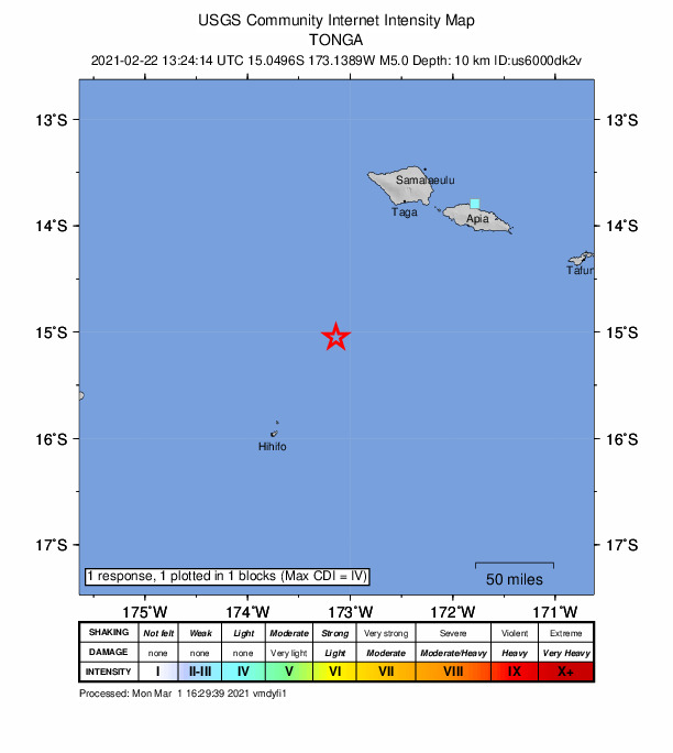 USGS DYFI community-reported intensity map for the M5.0 earthquake near 122 km NE of Hihifo, Tonga