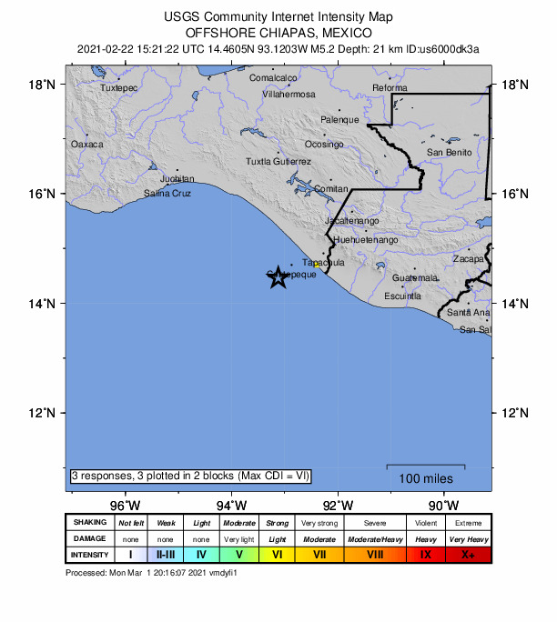 USGS DYFI community-reported intensity map for the M5.2 earthquake near 84 km WSW of Puerto Madero, Mexico
