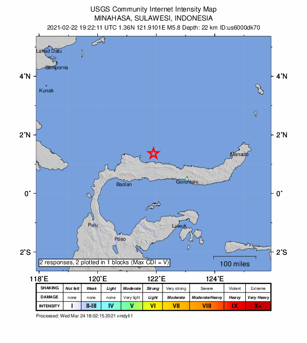 USGS DYFI community-reported intensity map for the M5.8 earthquake near 157 km NW of Gorontalo, Indonesia