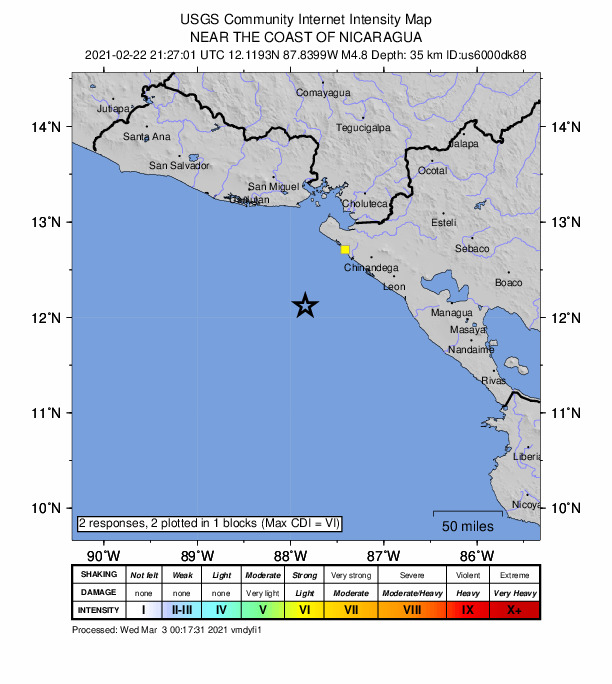 USGS DYFI community-reported intensity map for the M4.8 earthquake near 81 km SSW of Jiquilillo, Nicaragua