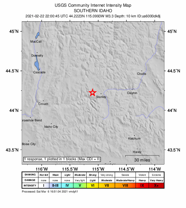 USGS DYFI community-reported intensity map for the M3.3 earthquake near 12 km W of Stanley, Idaho