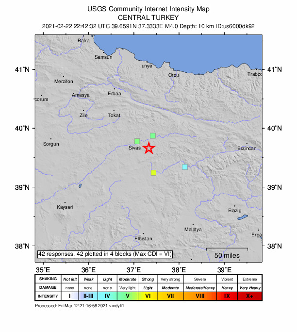 USGS DYFI community-reported intensity map for the M4.0 earthquake near 22 km SSW of Hafik, Turkey