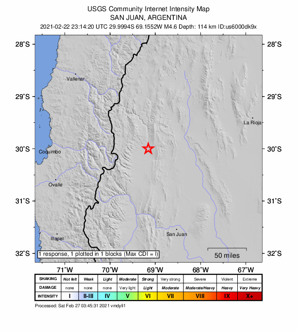 USGS DYFI community-reported intensity map for the M4.6 earthquake near 47 km NW of San José de Jáchal, Argentina