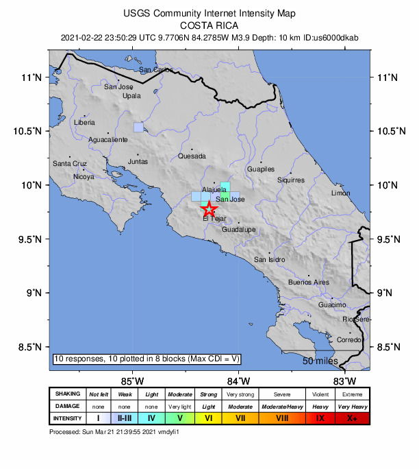 USGS DYFI community-reported intensity map for the M3.9 earthquake near 5 km WNW of Tejar, Costa Rica