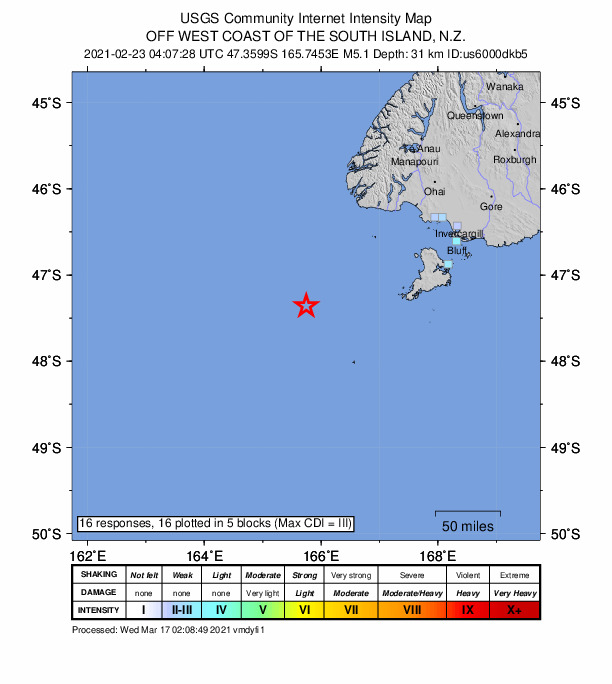 USGS DYFI community-reported intensity map for the M5.1 earthquake near 206 km WSW of Riverton, New Zealand