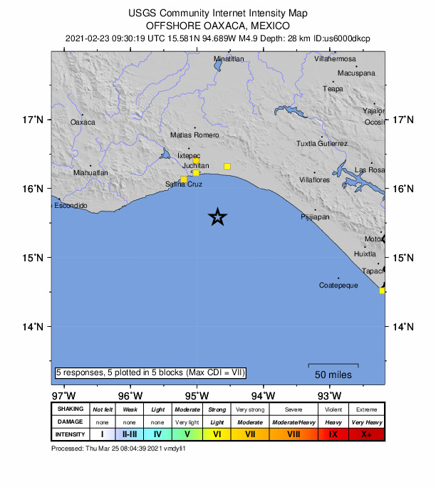 USGS DYFI community-reported intensity map for the M4.9 earthquake near 72 km S of San Francisco del Mar Viejo, Mexico