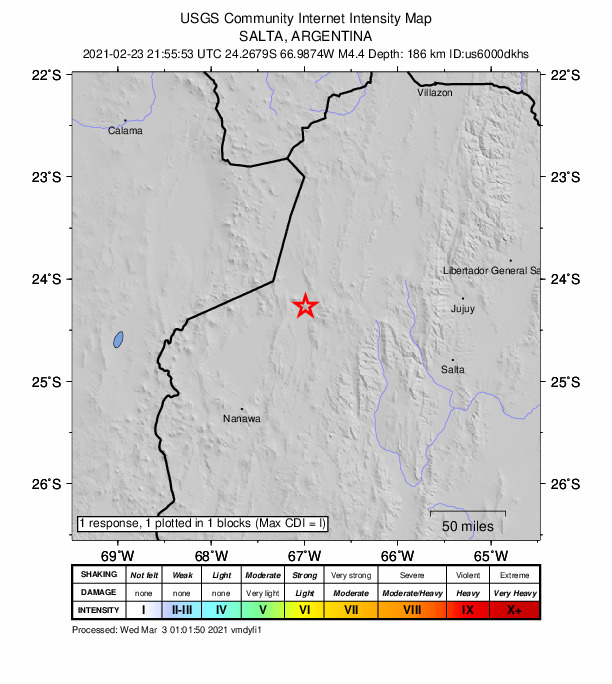 USGS DYFI community-reported intensity map for the M4.4 earthquake near 68 km W of San Antonio de los Cobres, Argentina