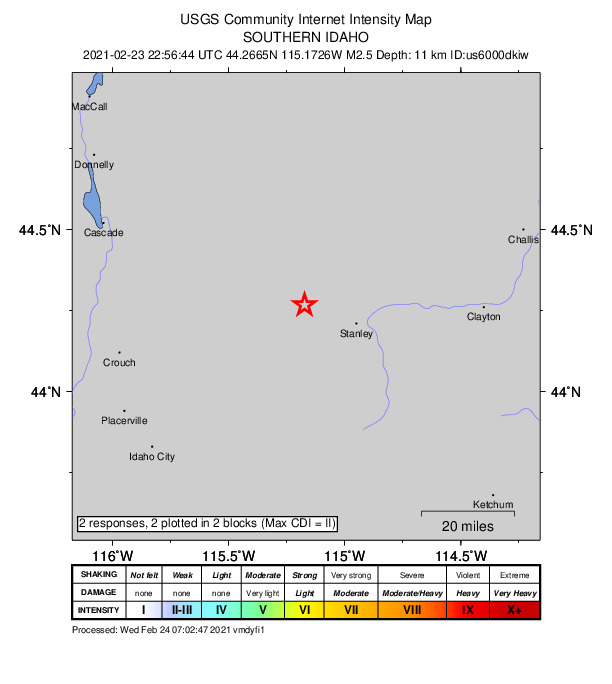 USGS DYFI community-reported intensity map for the M2.5 earthquake near 19 km WNW of Stanley, Idaho