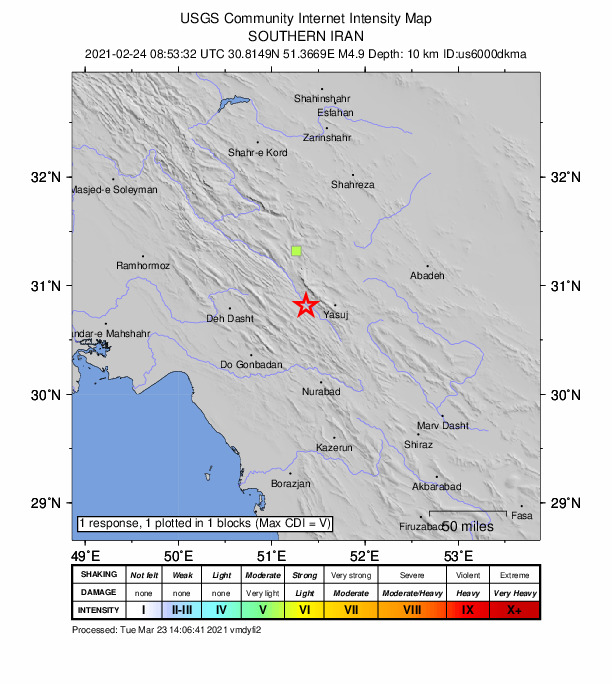 USGS DYFI community-reported intensity map for the M4.9 earthquake near 26 km NW of Yasuj, Iran