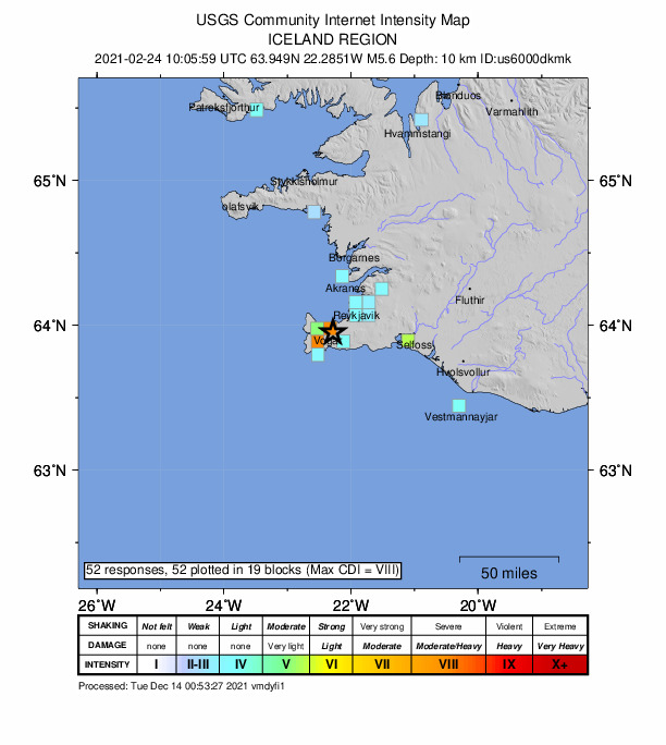 USGS DYFI community-reported intensity map for the M5.6 earthquake near 6 km SE of Vogar, Iceland