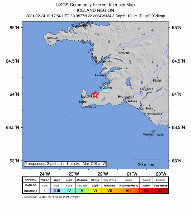 USGS DYFI community-reported intensity map for the M4.8 earthquake near 5 km E of Vogar, Iceland