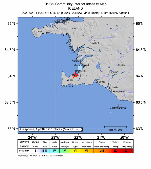 USGS DYFI community-reported intensity map for the M4.8 earthquake near 10 km SSW of Álftanes, Iceland