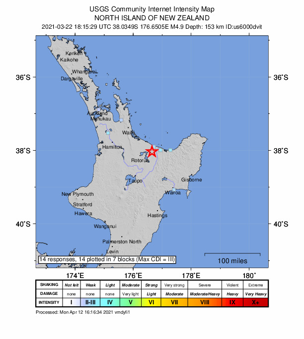 USGS DYFI community-reported intensity map for the M4.9 earthquake near 8 km NNW of Kawerau, New Zealand