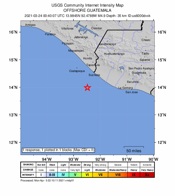 USGS DYFI community-reported intensity map for the M4.9 earthquake near 65 km SSW of Ocós, Guatemala