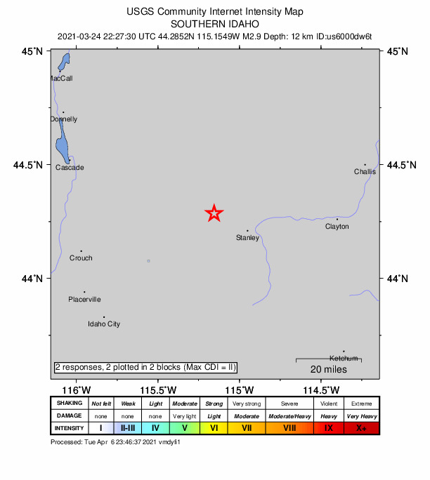 USGS DYFI community-reported intensity map for the M2.9 earthquake near 18 km WNW of Stanley, Idaho