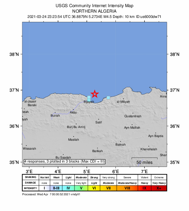 USGS DYFI community-reported intensity map for the M4.5 earthquake near northern Algeria