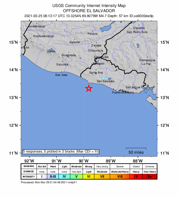 USGS DYFI community-reported intensity map for the M4.8 earthquake near 32 km S of Acajutla, El Salvador