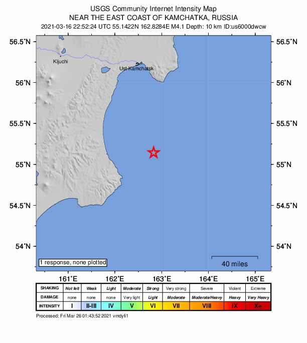 USGS DYFI community-reported intensity map for the M4.1 earthquake near 122 km S of Ust’-Kamchatsk Staryy, Russia