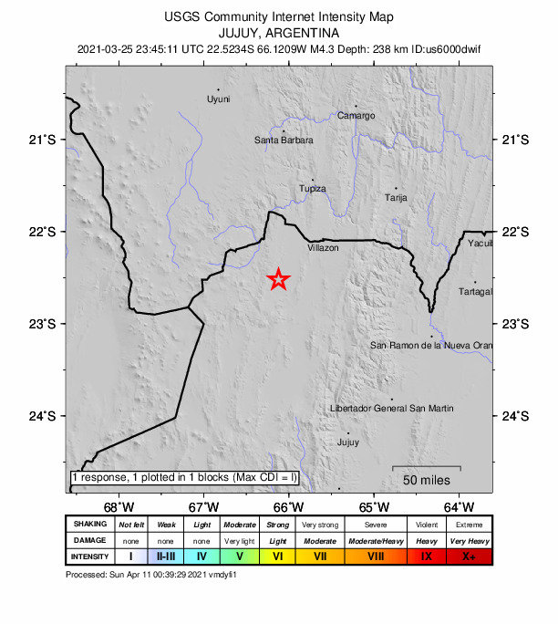 USGS DYFI community-reported intensity map for the M4.3 earthquake near Jujuy, Argentina