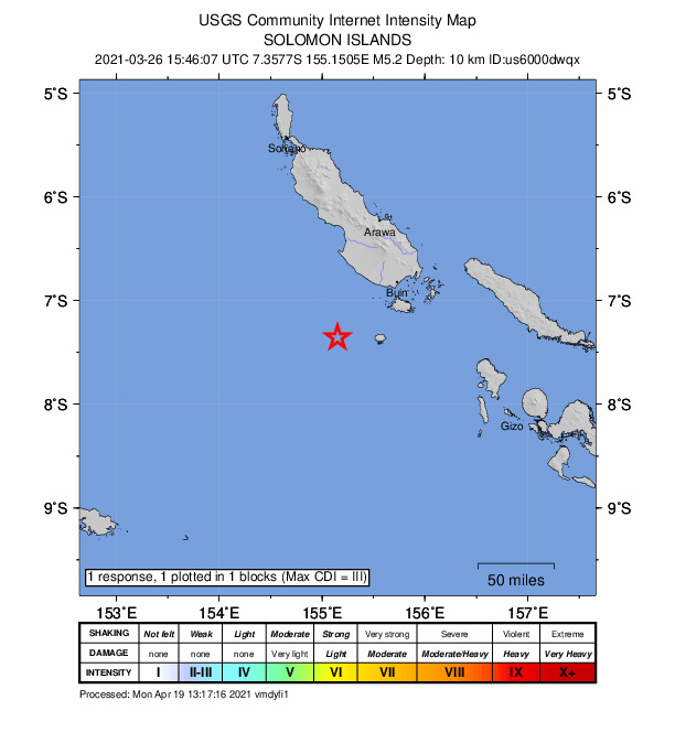 USGS DYFI community-reported intensity map for the M5.1 earthquake near 125 km SSW of Panguna, Papua New Guinea